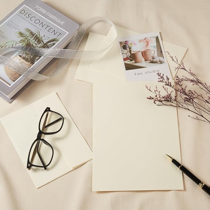 Wishop 50 Pack Self-Adhesive Envelopes with Fold Cards for Wedding Invitations, Greeting Cards, Baby Shower, Letter Mailing (Cream Color, 4x6)