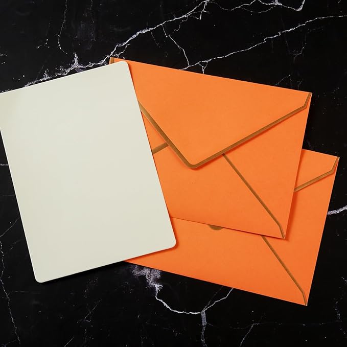 50 Pack Dark Orange A7 Envelopes 5 x 7 Self-Adhesive V Flap Envelopes with Gold Border for Office, Greeting Card, Wedding, Graduation, Baby Shower, Parties, Invitations (5x7 inches)