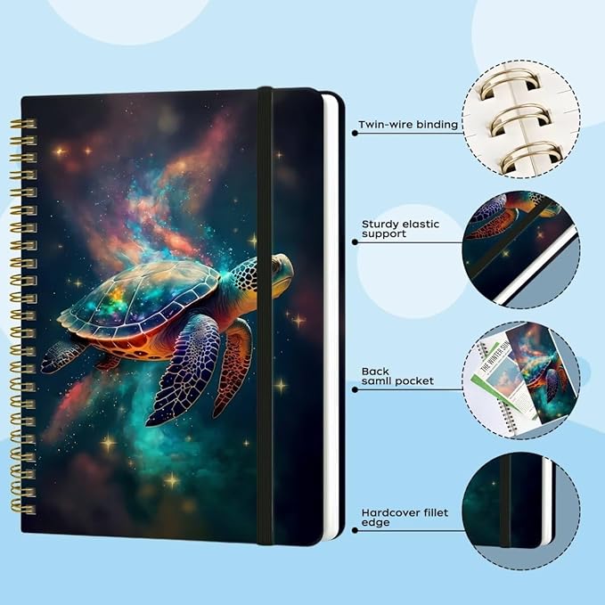 Spiral Notebook - A5 Spiral Notebooks, 8.3'' × 5.8'', 160 Pages, Aesthetic Journaling Notebooks for Women, College Lined Notebook with Elastic Closure, Back Pocket, for School Office, TurtleE