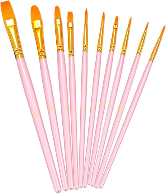 BOSOBO Paint Brushes Set, 10 Pieces Round Pointed Tip Paintbrushes Nylon Hair Artist Acrylic Paint Brushes for Acrylic Oil Watercolor, Face Nail Body Art, Miniature Detailing & Rock Painting, Pink