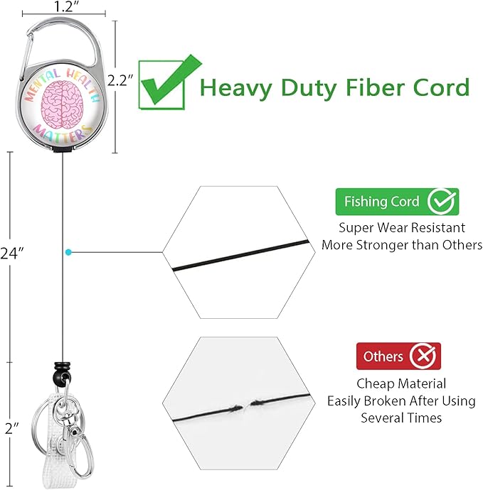 Mental Health Matters Badge Reel Holder Retractable Heavy Duty with 360° Swivel Carabiner Belt Clip, Cute Cartoon Brain Nurse Doctor Retractable Keychain ID Clip ID Holder Name Badge Clip