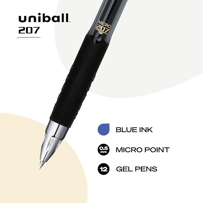 Uni-Ball® 207™ Retractable Fraud Prevention Gel Pens, Micro Point, 0.5 mm, Black Barrels, Blue Ink, Pack Of 12