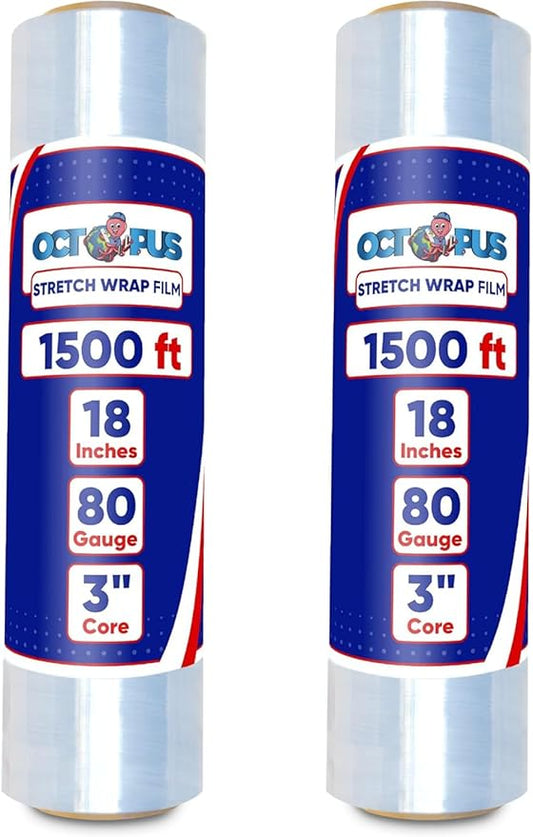 OCTOPUS Stretch Wrap, Industrial Strength 2 Roll Clear, 18” x 1500 feet, 80 Gauge (20 Micron), Heavy Duty Plastic Shrink Film for Packing, Wrapping, Bundling, Shipping, Pallets, and Moving Essentials
