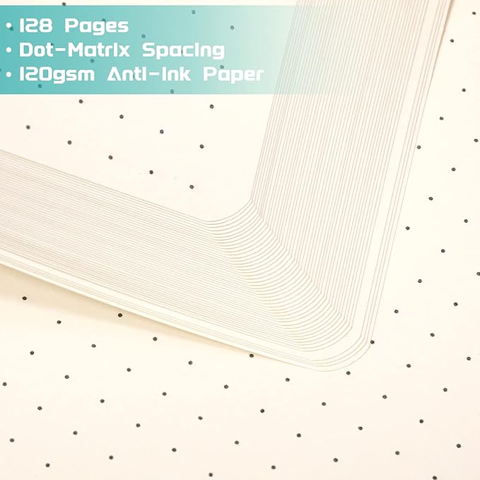 Dotted Journal/Notebook - Dot Grid Hard Cover Notebook, Premium Thick Paper with Fine Inner Pocket, Black Smooth Faux Leather, Pen Loop, 5.3'' x 8.26'' - Cyan