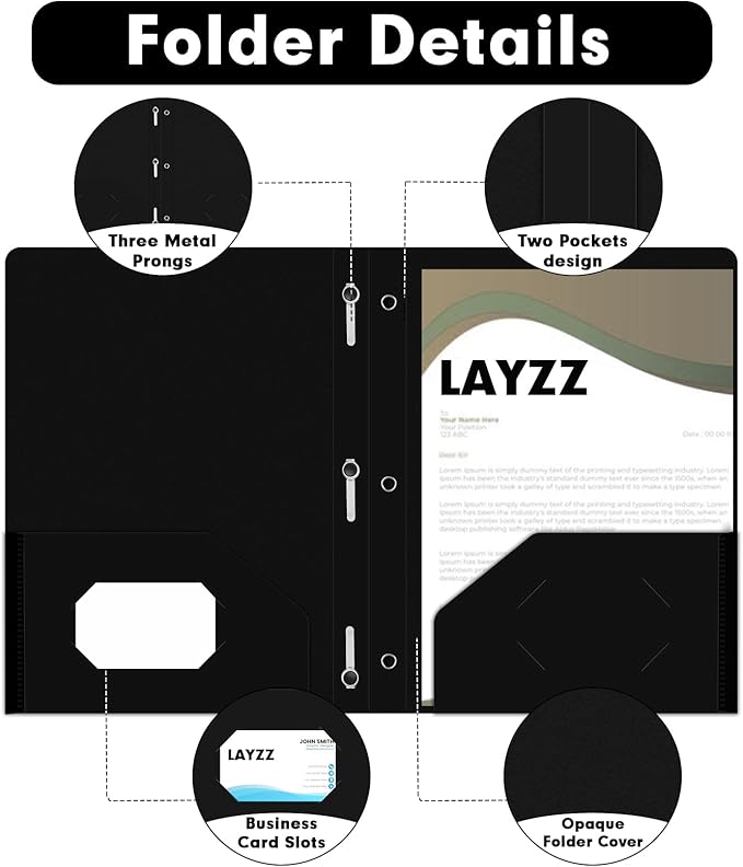Plastic 2 Pocket Folders with Prongs, 30 Pack, Heavyweight, Letter Size Poly Folders with 3 Metal Prongs Fastener Clips (Black)