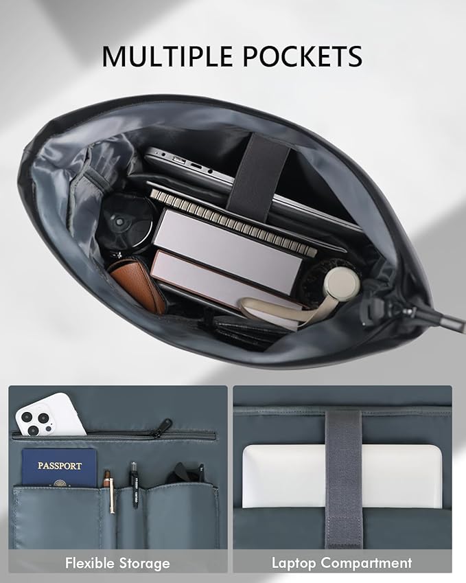 Rolltop Travel Commuter Backpack for Men Black Faux Leather Knapsack and Laptop Compartment College Necessities Casual Daypack Expandable Bag