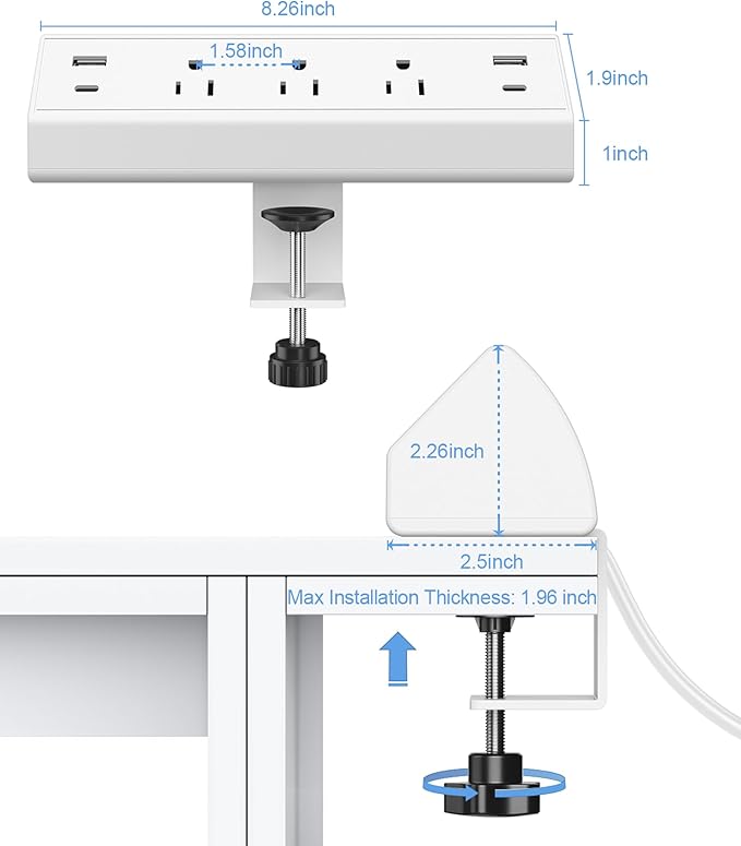 Desk Clamp Power Strip USB C,40W Fast Charging Station,2 PD 20W USB C Charger,Desk Edge Mount Power Strip 4 USB Ports 3 Widely Spaced Outlets Surge Protector,6ft Flat Plug,Fit 1.96" Tabletop Edge
