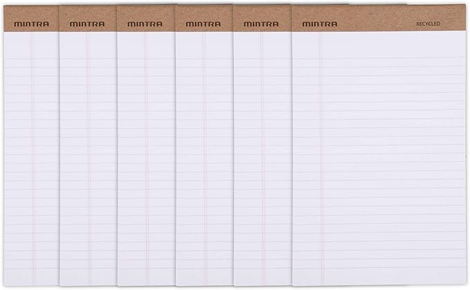 Mintra Office Recycled Writing Pads 6pk (White, Junior (5in x 8in)) - 50 Sheets per Notepad, Micro perforated, Legal Pad, Notebook Paper for School, College, Office, Business