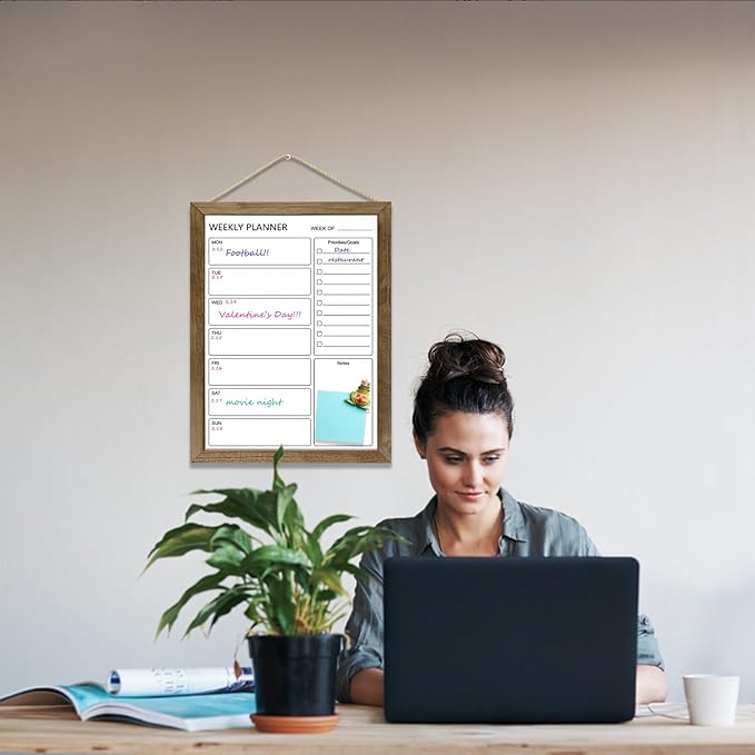 Dry Erase White Board Weekly Calendar Board, Magnetic Whiteboard for Wall,13“x17 Solid Wood Rustic Brown Framed Message Board, Planner Board for Office, Home, School(Weekly-BB-RB-3343)