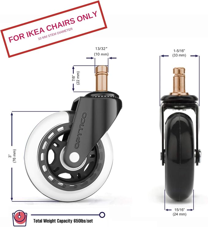 Office Chair Wheels for IKEA Chairs ONLY | Soft Rubber Computer Chair Caster Wheels Protect Your Hardwood Floors Better Than Any Office Chair Mat, Set of 5 Desk Chair Wheels, No Scratching or Marking.
