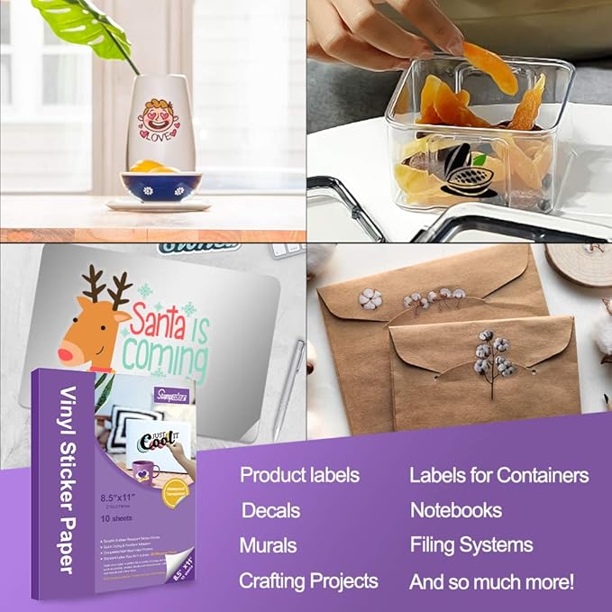 Premium Printable Vinyl Sticker Paper,Translucent 30 sheet Clear Self-Adhesive Sheets,Dries Quickly Vivid Colors Decal Paper,Tear Resistant-for Any Epson HP Canon Sawgrass Inkjet Printer