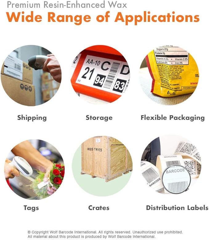 24 Rolls Wolfbarco 2.52" x 1476' (64mm x 450m) Black Premium Resin-Enhanced Wax Thermal Transfer Ribbon Compatible with Zebra,TEC, INTERMEC,Citizen,TSC,GODEX,ARGOX Printers