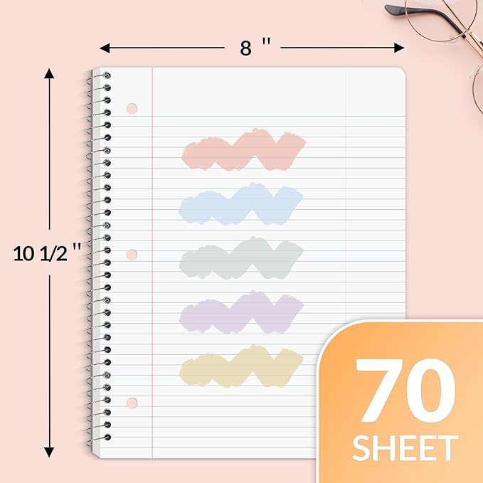 SUNEE Spiral Notebooks, 1-Subject, 10 Pack, College Ruled Paper, 8" x 10-1/2", 70 Sheets per Notebook,3-Hole Punched Paper, Pink,Purple, Blue, Green, Yellow Spiral Lined Notebooks for School,Work