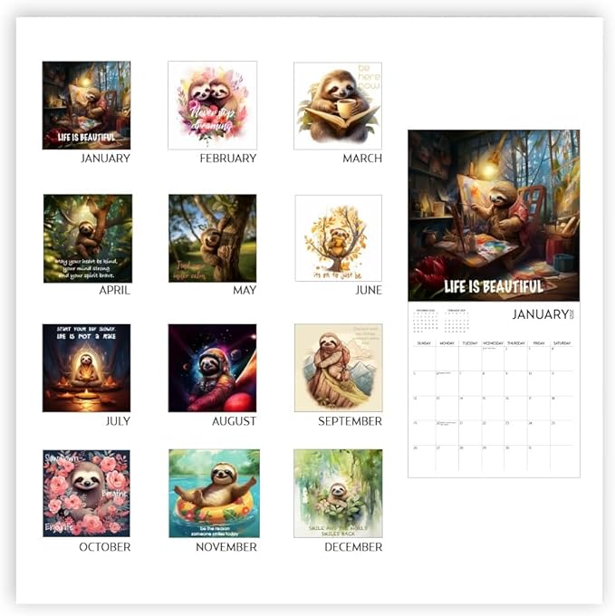 Sloth Calendar 2025 with Sticker Pack, Large 12 x 12 inch Wall Calendar, Mindfulness Wall Calendar, Inspirational Sloth Gift and Sticker Pack