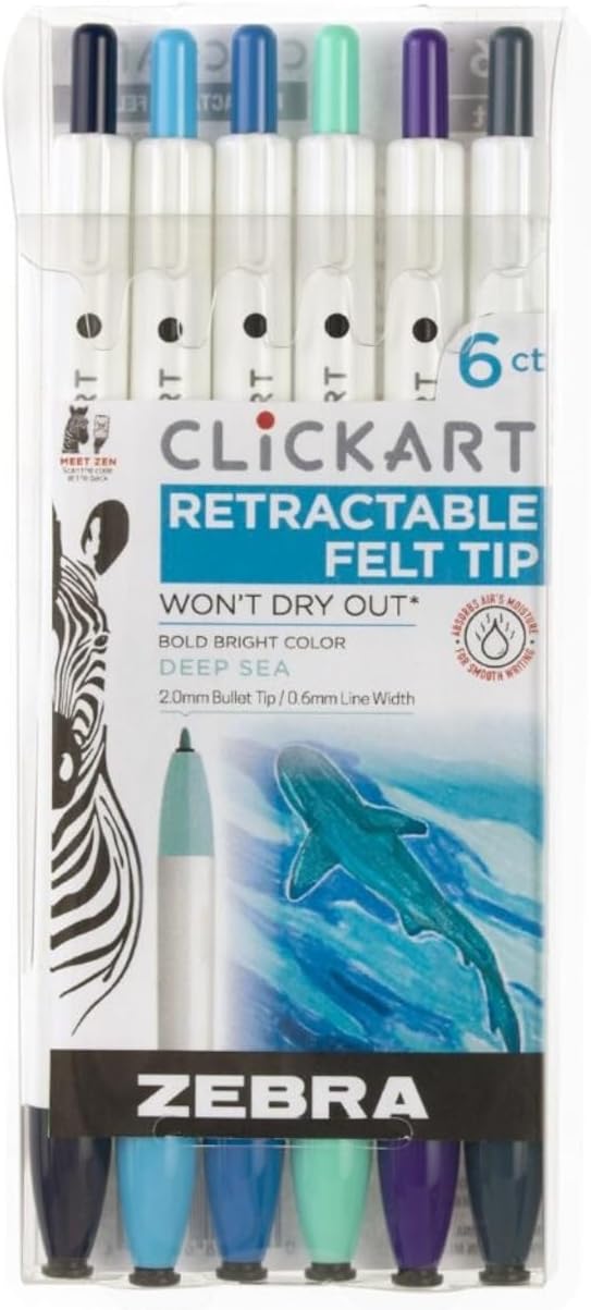 Zebra Pen ClickArt Retractable Marker Pen, 0.6mm, Assorted Deep Sea Colors, 6-Pack (69026)