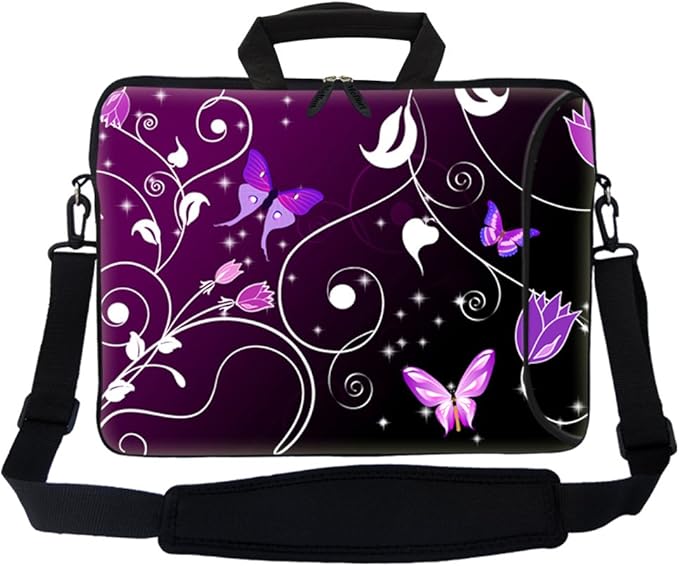 Meffort Inc® 17 17.3 Inch Laptop Carrying Sleeve Bag Case with Extra Side Pocket, Soft Carrying Handle and Removable Shoulder Strap/Notebook Bag Case - Purple Swirl Butterfly Flower
