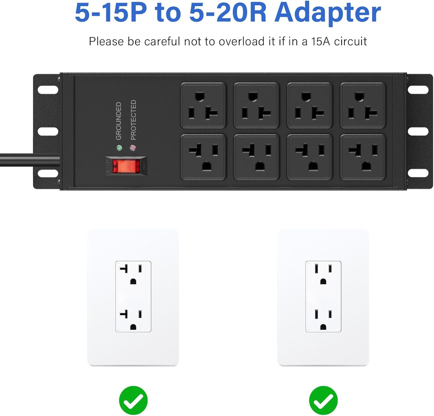 CCCEI Black Heavy Duty Power Strip Surge Protector 20 AMP, 8 Outlets 12 Gauge Industrial Shop Garage Metal Multiple Outlets, 12 FT Extension Cord 5-15P Adapter High Amp 6-20R T-Slot 20a for Appliance