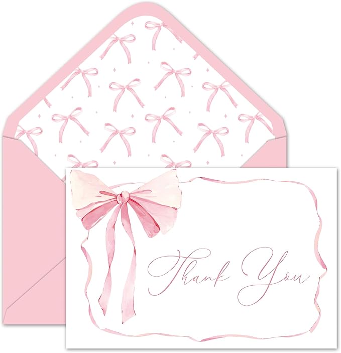 Whaline 24 Pack Pink Bow Thank You Cards Coquette Bow Greeting Cards with Envelopes Stickers Blank Note Cards for Wedding Bridal Baby Shower Birthday, 4 x 6 Inch