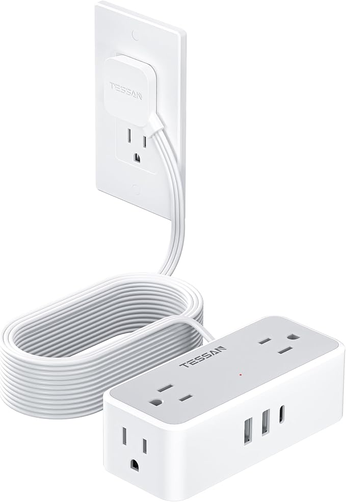 Flat Plug Extension Cord 25 ft, TESSAN Surge Protector Power Strip with 4 AC Outlets 1 USB C and 2 USB A Ports, 900 Joules Protection, Multiple Wall Outlet Extender for Home Office Dorm Essentials