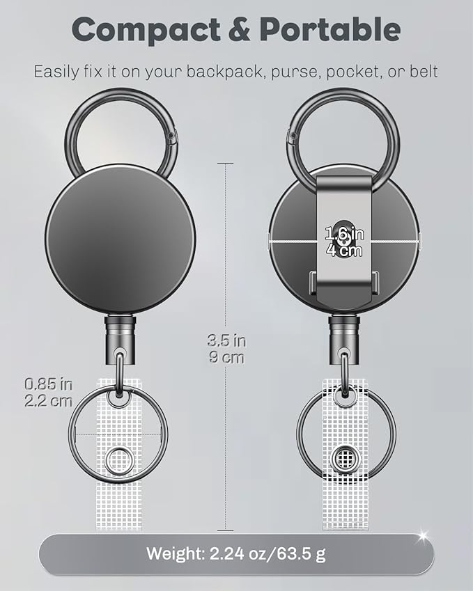 Uniclife 2 Pack Heavy Duty Metal Retractable Badge Reel for Badge Holder Retractable Keychain All Metal Casing with Stainless Steel Spring Coil 27.5" Nylon Rope Carabiner Belt Clip and Key Ring