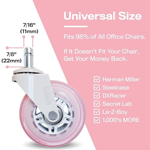 The Original Roller Style Office Chair Wheels (As Seen On PBS) - Incredibly Smooth & Quiet Rolling Casters - Safe for Hardwood Floors & Carpet - Easy Installation with Universal Fit - Set of 5 - Pink