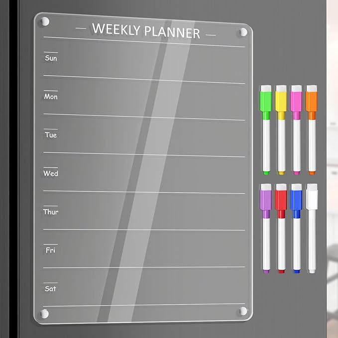 Acrylic Weekly Planner Board Meal Planner Magnetic Menu Board for Kitchen Fridge w/ 8 Markers, Clear Weekly Calendar Planning Dry Erase Board Noteboard to Do Grocery Shopping List, 12x9’’