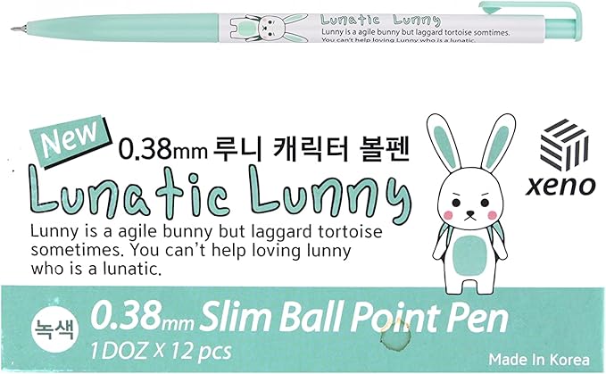 ZEESOON Xeno Lunatic Lunny 0.38mm Slim Ball Point Pen Dozen Box 12 Pcs, Made in Korea (Green 12pcs)