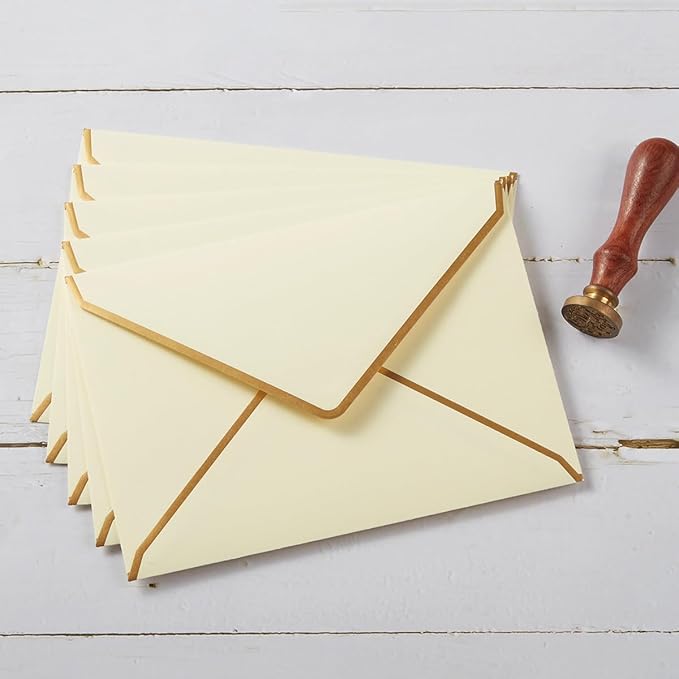50 Pack Cream Color A4 Envelopes 4x6 Self-Adhesive V Flap Envelopes with Gold Border for Office, Greeting Card, Wedding, Graduation, Baby Shower, Parties, Invitations (4.25x6.25 inches)