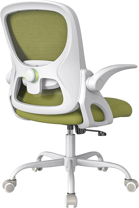 Mesh Office Chair Ergonomic Desk Chair with Up&Down Front&Rear 2 Dimensions Adjustable Lumbar Support and Flip-up Arm Rocking Comfy Swivel Computer Task Chair for Home Office(White-Green)