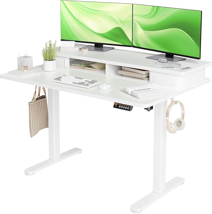 Standing Desk with Roller Shutter Door, Electric Standing Desk Adjustable Height, Adjustable Standing Desk with Storage Shelves, 48 Inch White