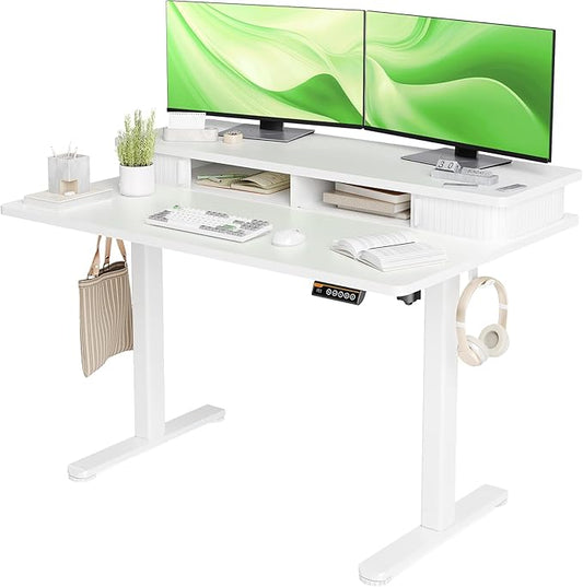 Standing Desk with Roller Shutter Door, Electric Standing Desk Adjustable Height, Adjustable Standing Desk with Storage Shelves, 48 Inch White