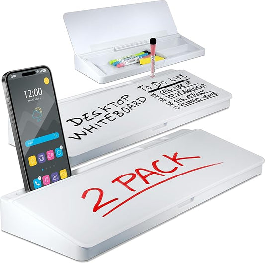 Desktop Whiteboard - Glass Dry Erase White Board - Desk Computer Buddy – Home Office & Studying Essentials - with Phone & Tablet Slot, Storage Compartment - Includes 4 Markers, 1 Eraser (2 Pack)