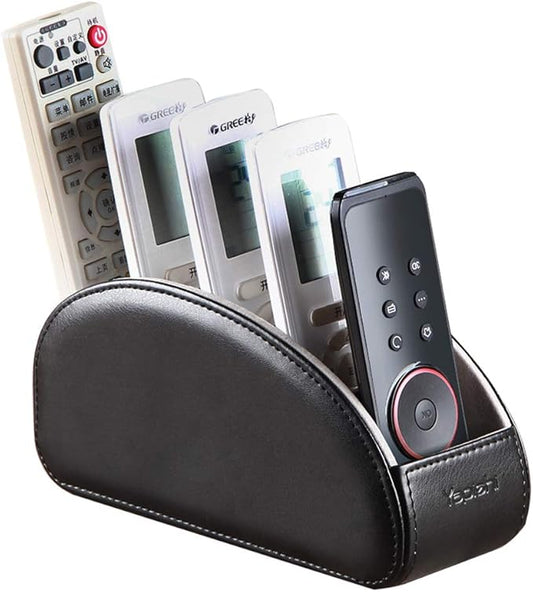 All-in-One Leather TV Remote Control Holder Black with 5 Compartments Nightstand Desktop DVD Media Player Remote Caddy Storage Box Organizer Tray For Makeup Brush Pen Stationary Table Controllers