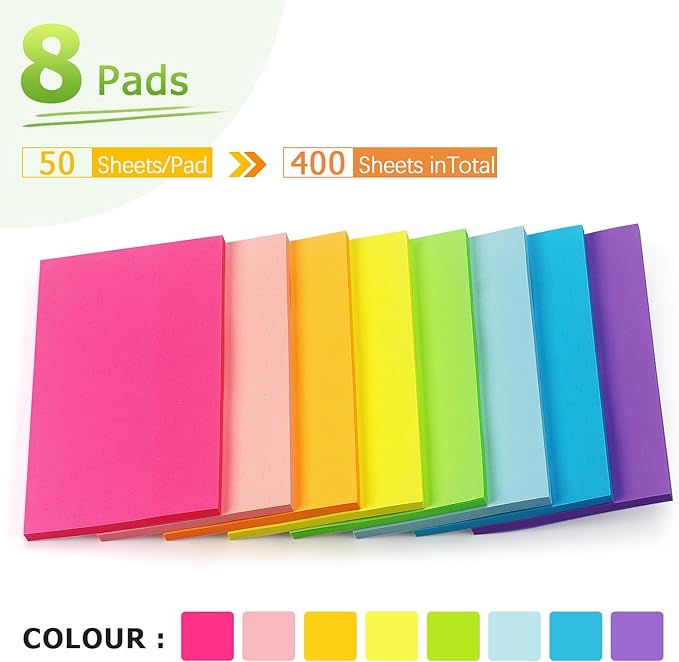 Sticky Notes 3x5 inch Bright Colors Self-Stick Pads 8 Pads/Pack 50 Sheets/Pad Total 400 Sheets