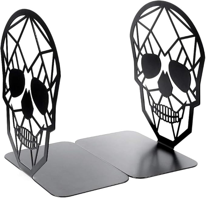 Metal Skull Design Black Bookend - Heavy-Duty Bookends for Shelves, Skull Book Ends for Heavy Books, Book Shelf Holder Home Office Decorative Desktop Organizer (1 Pair)