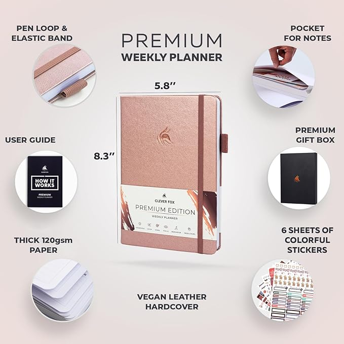 Clever Fox Planner Premium Edition – Undated Luxurious Weekly & Monthly Planner to Increase Productivity and Hit Your Goals – Organizer – Start Anytime, A5, Lasts 1 Year, Rose Gold (Weekly)