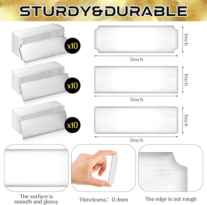 Therwen 30 Pcs Name Plates Laser Engraved Brushed Stainless Steel Plate Personalized Plaque Blank Custom Name Tag Frame Label with Adhesive Backing(Silver Multi Shape,1''x 3'')