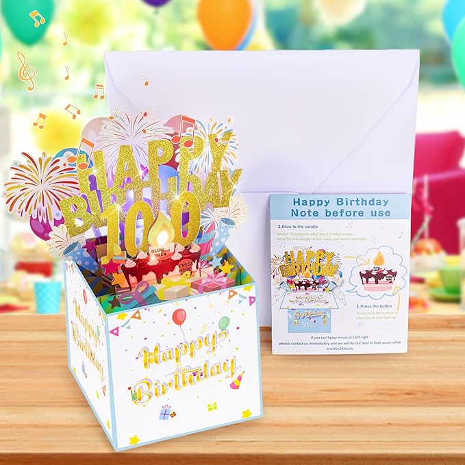 Tnvee 100TH Birthday Cards with Lights & Music & Candle, 3D Pop Up Singing Happy Birthday Greeting Cards Gfits for 100 Years Old Women Man Mom Dad Grandma Grandfa