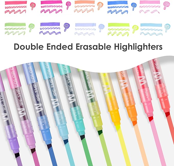 Erasable Highlighters, Dual Tip 10 Colors Erasable Highlighter Pen Assorted Colors, Smooth Writing Book Journaling Highlighters Erasable, No Bleeding Highlighters for Bible Journal Planner