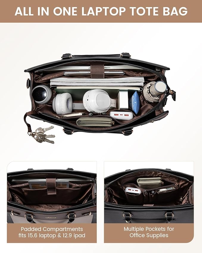 LOVEVOOK Laptop Bag for Women 17 Inch Work Tote, Business Computer Briefcase, PU Leather Tote Bag for Teacher, Office Shoulder Tote Purse