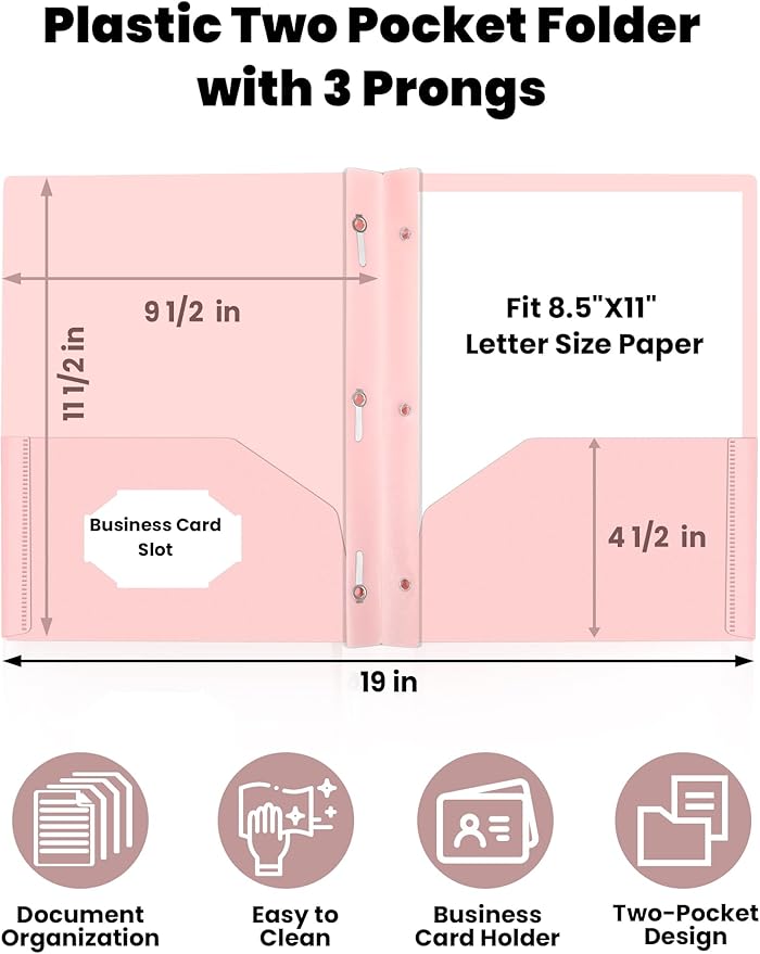 SUNEE 2 Pocket Folders with Prongs (12 Pack, Pastel Colors) Plastic Folders with Pockets and Prongs Fit Letter Size, Poly Folders with Pockets for School Office Home Business
