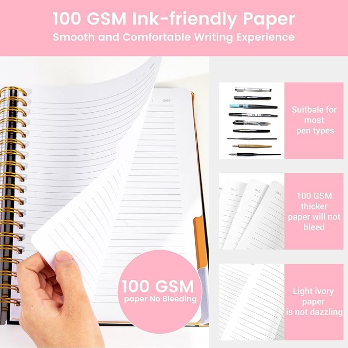 Yoment Hardcover Spiral Notebooks for Work School Note Taking, 8"x10" Journal Notebook with Tabs Dividers, Multi 5 Subject Notebook College Ruled, 240 Pages Lined Journal for Women, Pink