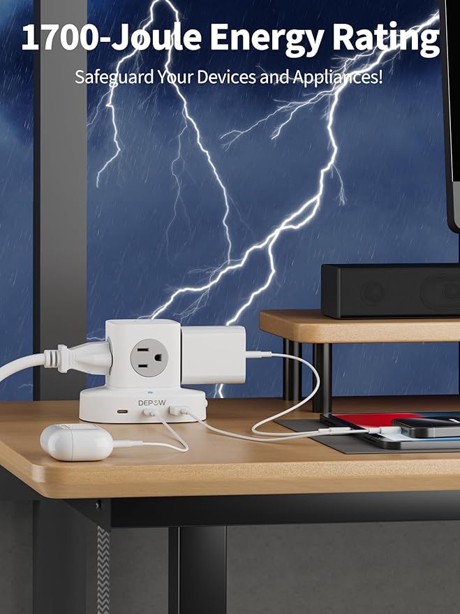 Power Strip Tower with USB-C, Small Surge Protector (1700J), 5 FT Extension Cord with 5 AC Outlet 3 USB Ports(2 USB C), Travel Charging Station with Overload Protection for Office, Dorm, Hotel