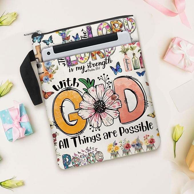 84hoods Book Cover Bag with Zipper and Front Pocket. Bible Book Sleeve. Christian Faith God Religious Gift. Washable Fabric 11 X 8.5 Inch. All Things are Possible
