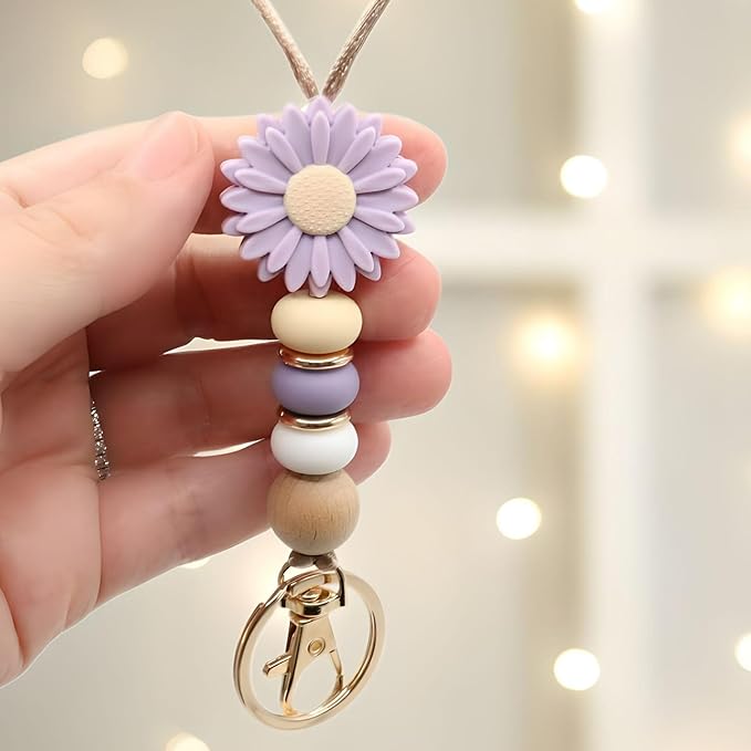 Flower Teacher Lanyards ID Badge and Key Chain, Cute Silicone Beads Lanyard for Women Nurse Work Student (Lavender)