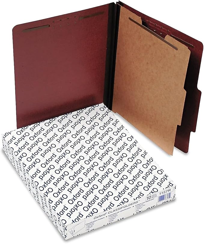 Pendaflex Pressboard Classification File Folders, 1 Divider, 2" Embedded Fasteners, 2/5 Tab Cut, Letter Size, Red, Box of 10 (1157R)