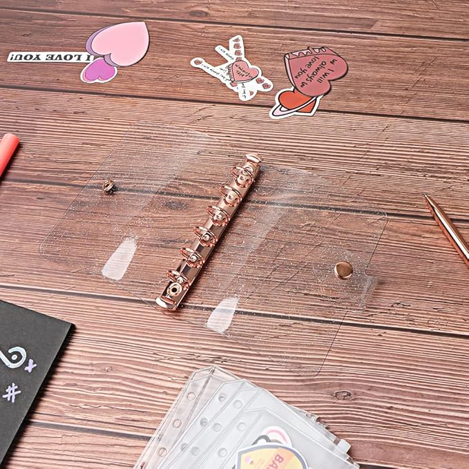 Glitter Powder PVC Binder Cover 6 Round Ring Binders Snap Button Closure Loose Leaf Folders Refillable Soft PVC Notebook Shell Protector (Rose Gold 6 Rings, A7 Binder)