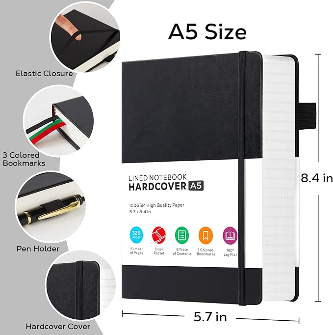 Hardcover Lined Notebook Journal for Writing, 320 Pages Leather Thick College Ruled Notebook Journal with 100GSM Paper, A5 (5.7'' X 8.4'') Daily Journal for Women Men Work Organization, Black