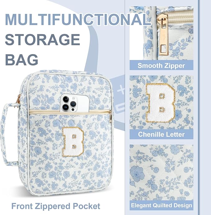 Personalized Initial Bible Cover Case for Women Girls Kid - Large Quilted Bible Case with Handle, Stylish Chenille Letter Bag Study Supplies, Perfect Christmas Gifts for Christians (Blue Flower-B)