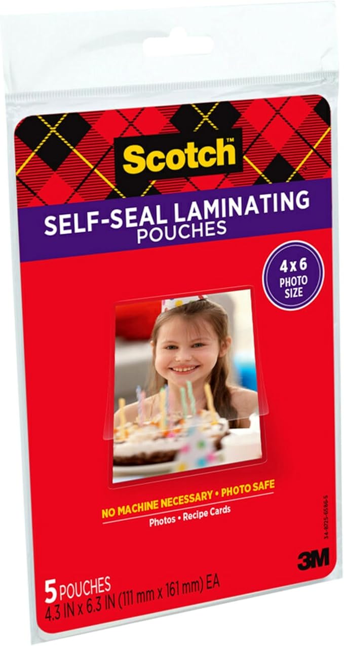 Scotch Self-Sealing Laminating Pouches, Glossy Finish, 4.3 x 6.3 Inches, 5 Pouches (PL900G)